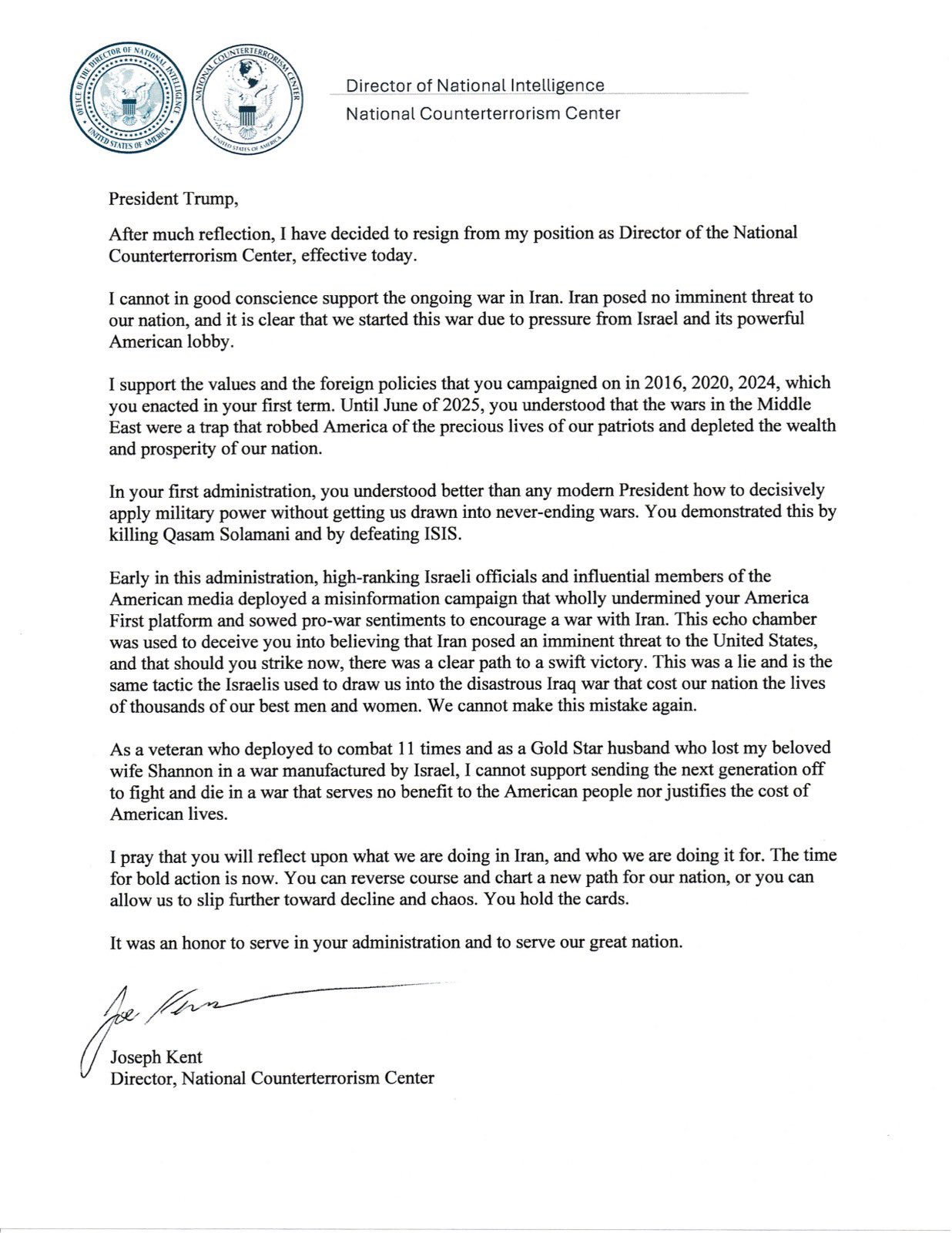 Joe Kent Resignation